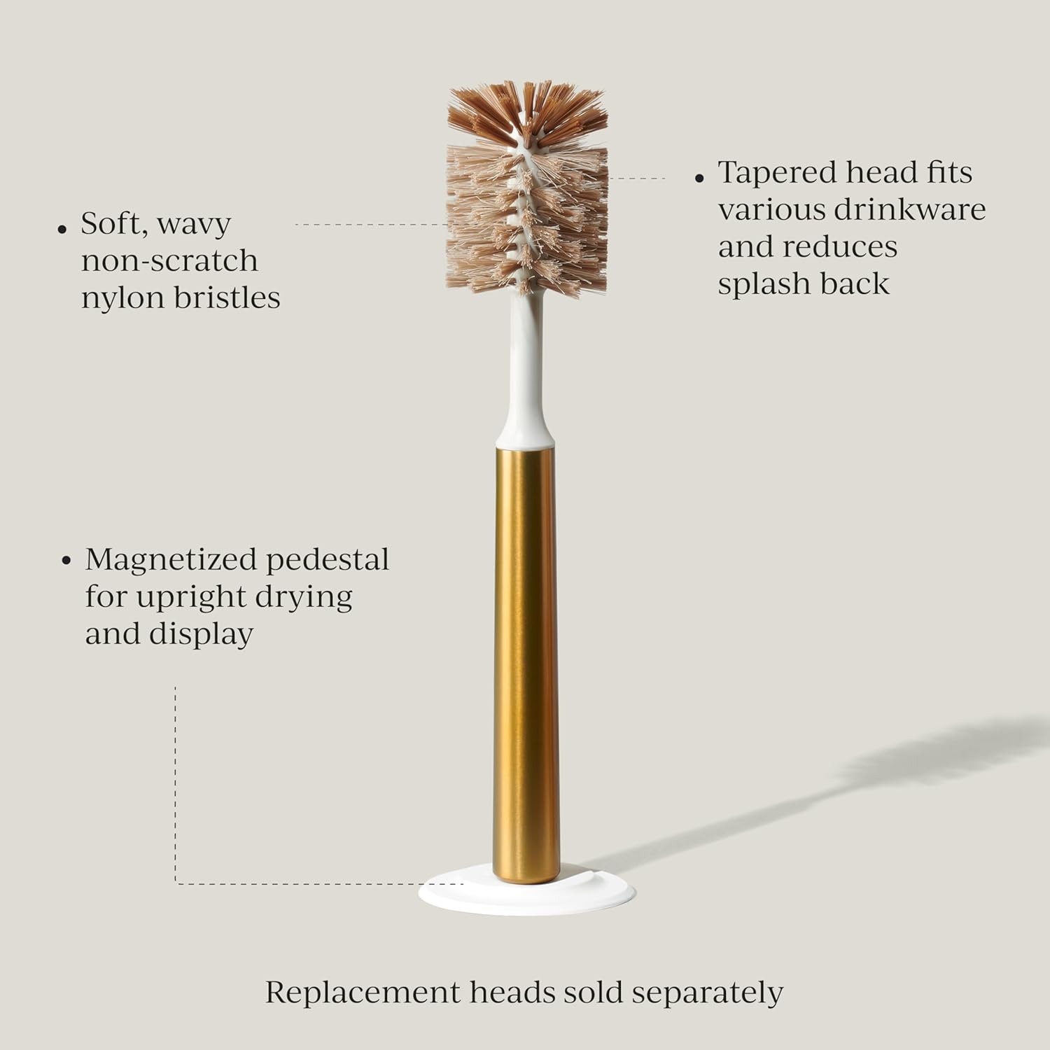 Ionic Bottle Brush, Magnetized to Stand Upright, Stainless Steel with Replaceable Head, Brass/Gold