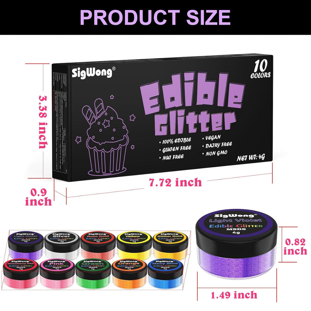 Edible Glitter - 10 Colors Luster Dust Edible Set for Drinks, Food Grade Edible Glitter Dust for Cake Decorating, Cocktail, Fondant, Strawberries, Candy, Cookie, Chocolate. Vegan and Gluten Free - 4g/bottle
