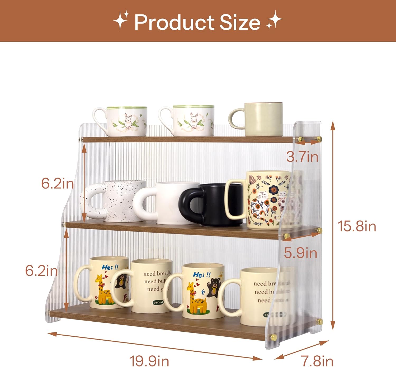 Coffee Mug Holder Wooden Cup Station Organizer 3 Tier Cup Holder for Coffee Bar Mug Display Rack for Countertop Mug Holder Shelf for Home Kitchen Trapezium-Nutbrown