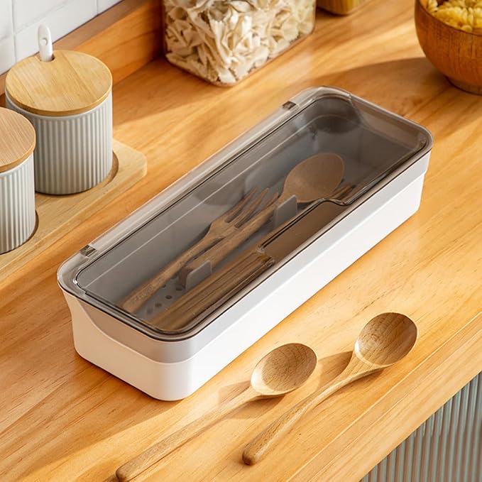 Large capacity Plastic Kitchen Drawer Organizer with Lid and Drainer Stackable Utensil Holder for Countertop Silverware Tray Flatware Organizers - 12.6x4.7x2.4 Inch Spatula Cutlery Tray