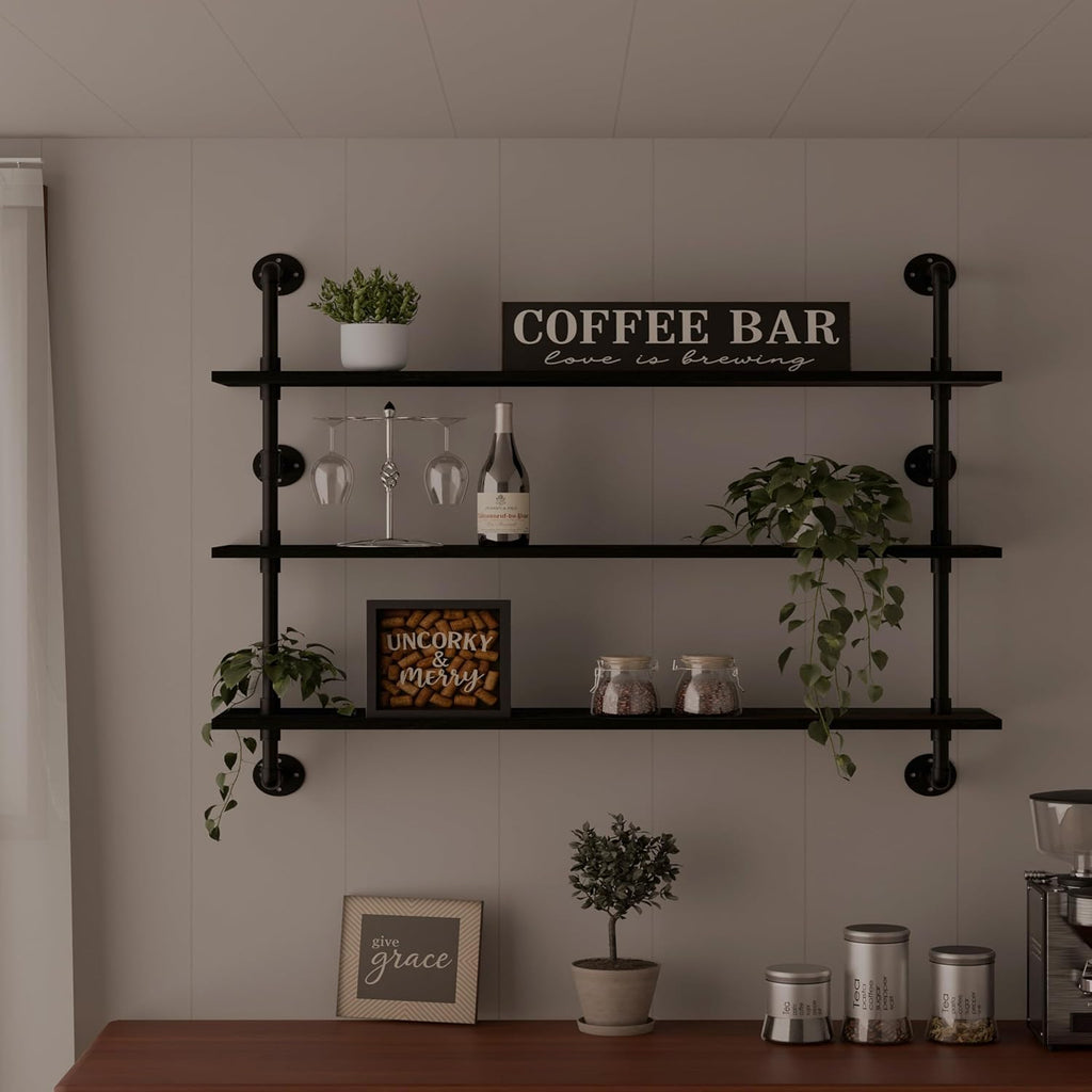 Industrial Pipe Shelving Rustic Black Wall Shelves with Wood Planks Industrial Floating Shelves 48 Inch Farmhouse Bookshelf Pipe Shelves Wall Mounted