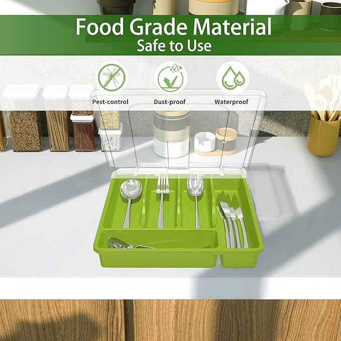 Silverware Organizer with Cover, Portable Cutlery Holder Flatware Tray with Lid Plastic Silverware Storage Box (Green)