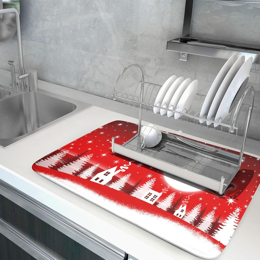 Christmas Reindeer Moon Star Red Dish Drying Mat for Kitchen Counter,White Xmas Tree Castle Drying Mat 18 x 24 Inch with Absorbent Reversible Microfiber Dish Drying Pad for Coffee Bar