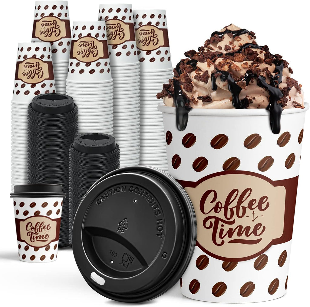 Ginkgo Coffee Cups with Lids 12 oz, 100 Pack Disposable To Go Coffee Cups for Cappuccino, Hot Beverages, Coffee, Cocoa, Chocolate - Coffee Time