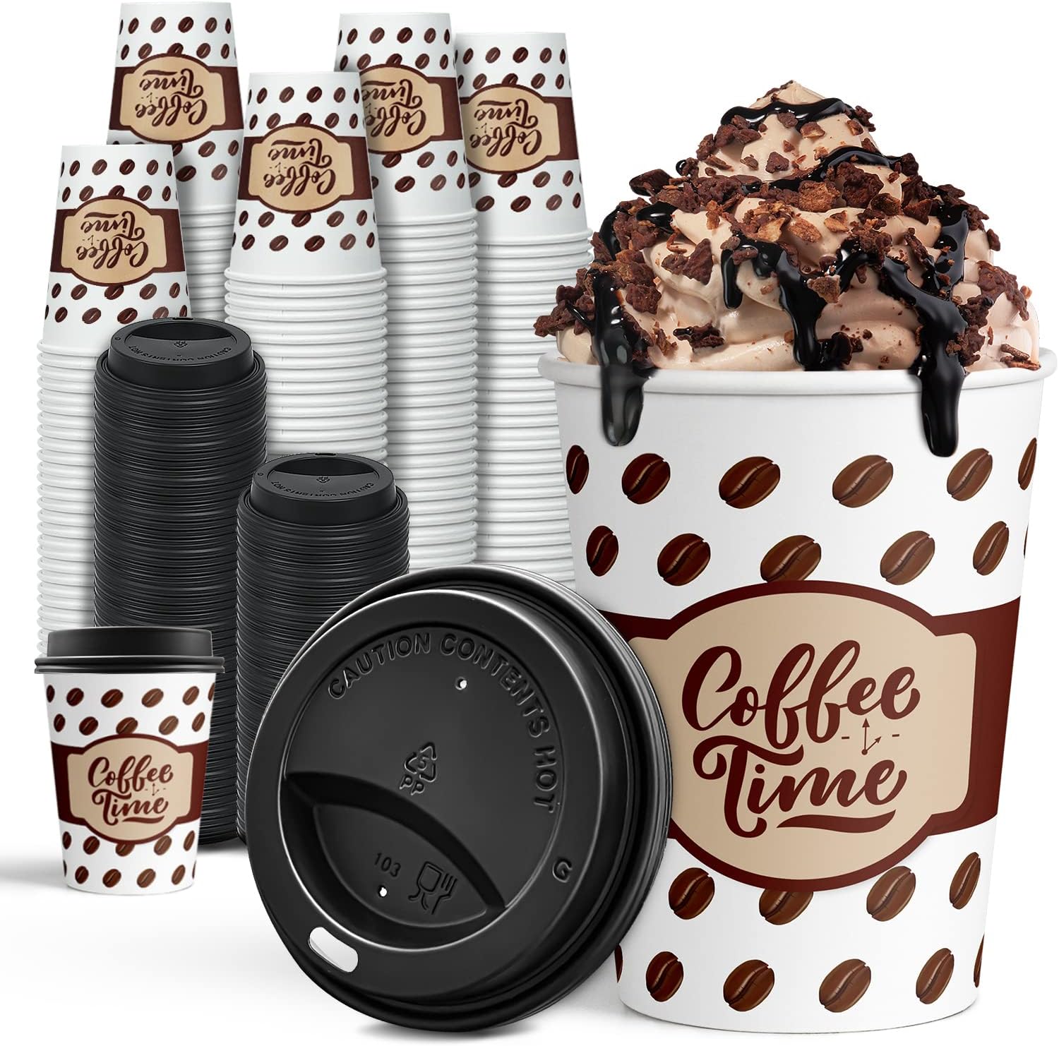 Ginkgo Coffee Cups with Lids 12 oz, 100 Pack Disposable To Go Coffee Cups for Cappuccino, Hot Beverages, Coffee, Cocoa, Chocolate - Coffee Time