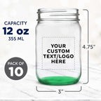 DISCOUNT PROMOS Custom Decorating Mason Jars 12 oz. Set of 10, Personalized Bulk Pack - Glass Jars for Overnight Oats, Candies, Fruits, Pickles, Spices, Beverages - Green