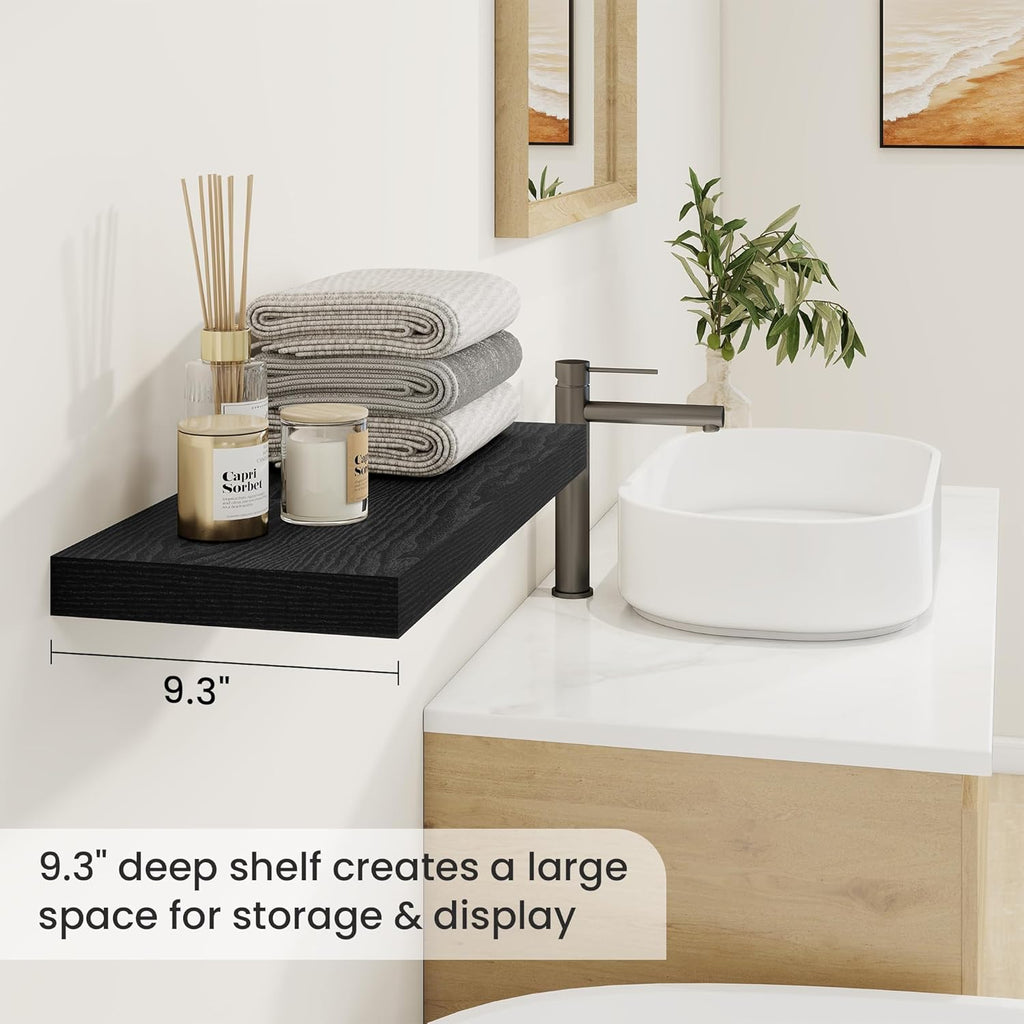 Fun Memories Floating Shelves for Wall, 24 Inch Rustic Wood Wall Mounted Shelves for Bathroom, Bedroom, Living Room, Deep Floating Shelves for Storage & Home Decor (Black, Set of 2)