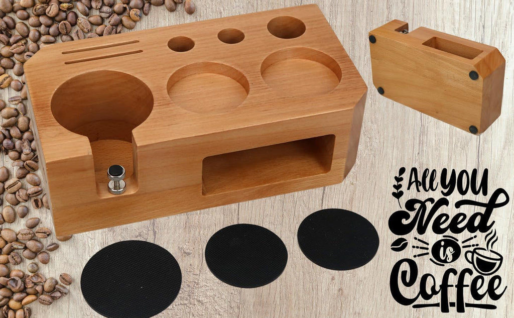 Espresso Tamping Station With Tools - 58mm - Includes Coffee Tamper, Distributor, Dosing Funnel & Brush - Wooden Coffee Tamper Station - Espresso Organizer & Portafilter Holder