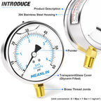 MEANLIN MEASURE 0~60Psi Stainless Steel 1/4" NPT 4" FACE DIAL Liquid Filled Pressure Gauge, Pool Sand Filter Water Pump Pressure Test Lower Mount, with 1/2" NPT and 3/8" NPT Hex Bushing