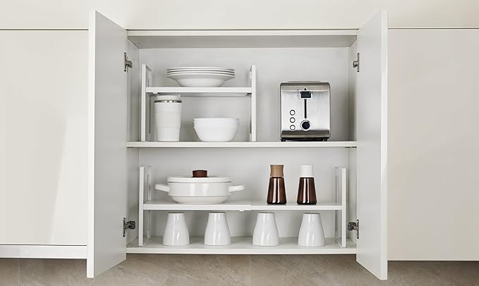 Nxconsu 2Pack Cabinet Shelf Organizer Expandable 5 Heights Adjustable Stackable Rack Riser for Kitchen Pantry Cupboard Under Sink Organization Storage Space Saver Heavy Duty Metal White