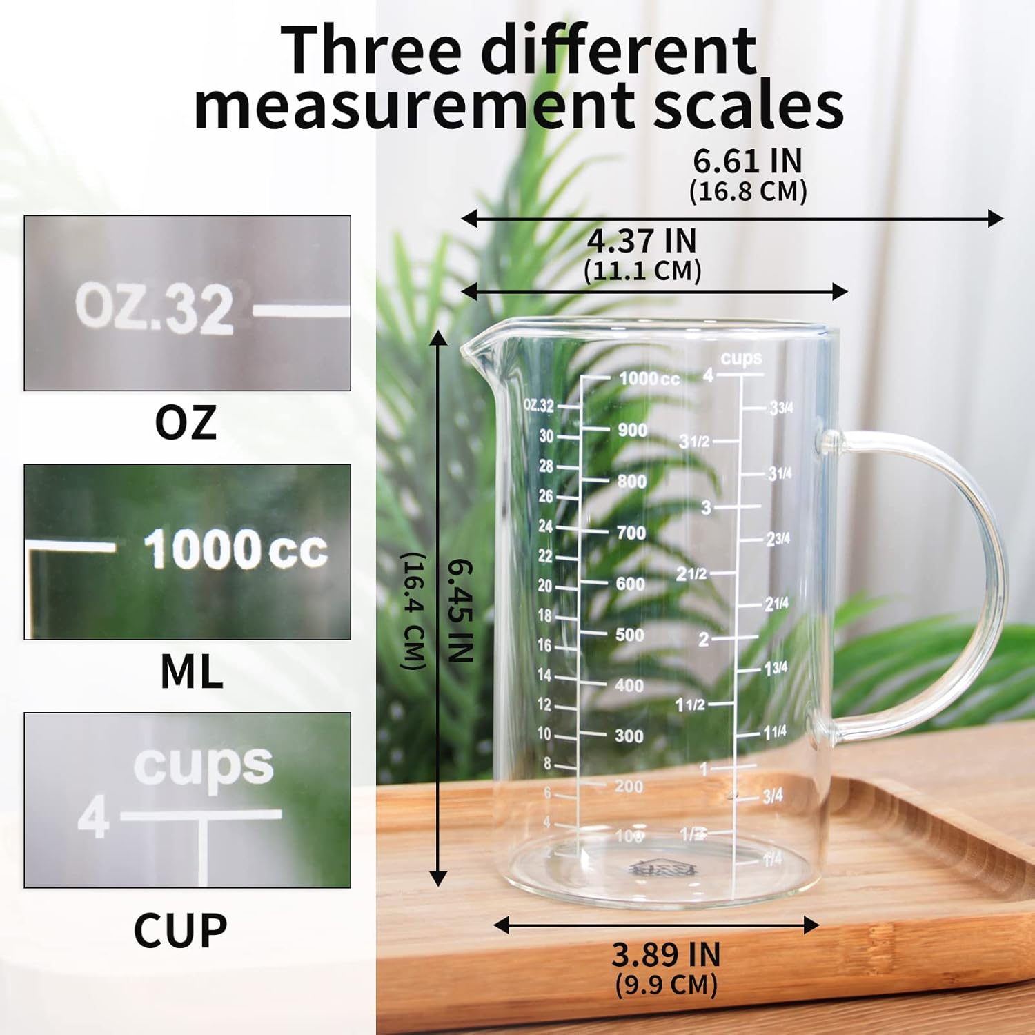 77L Glass Measuring Cup, [Insulated handle, V-Shaped Spout], High Borosilicate Glass Measuring Cup for Kitchen or Restaurant, Easy To Read, 1000 ML (1 Liter, 4 Cup)
