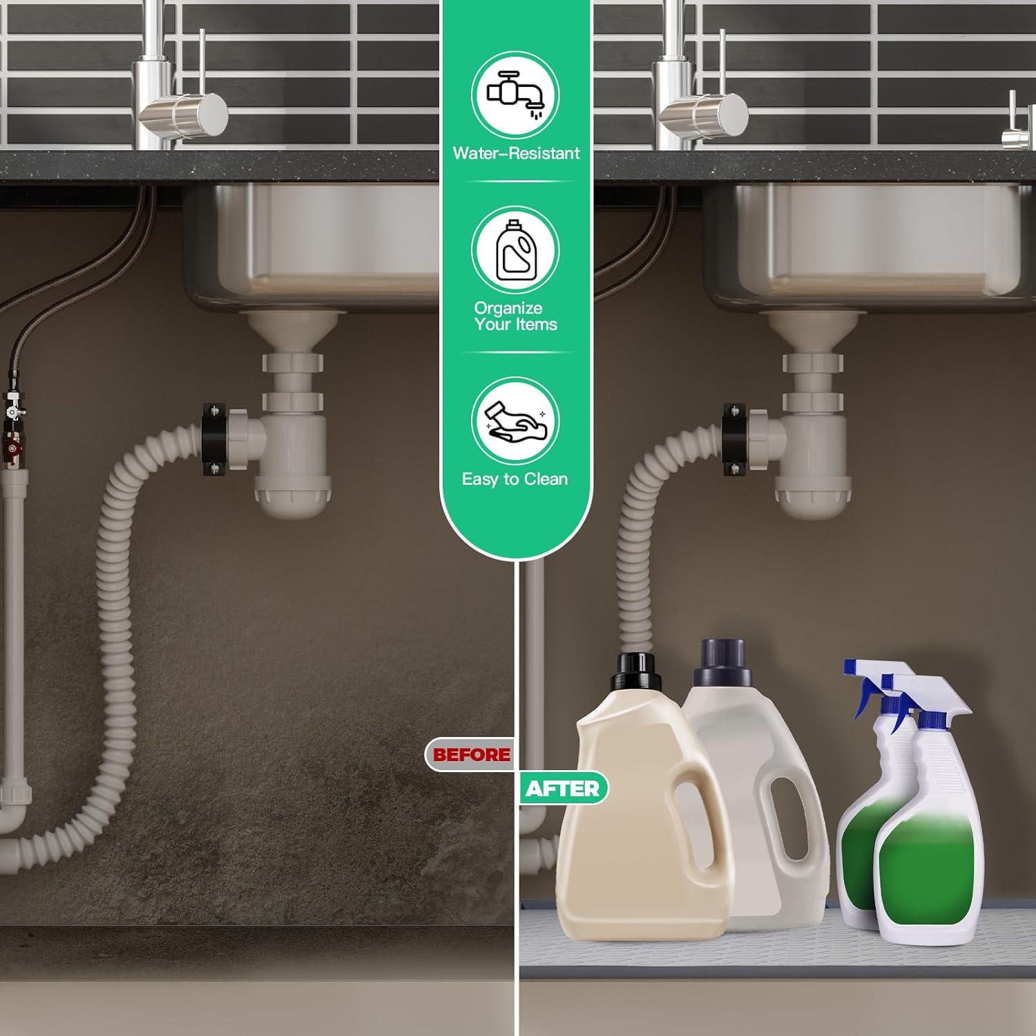 TRZZ Silicone Waterproof Under Sink Mat 28" x 19", Drip Tray and Cabinet Liner for Kitchen and Bathroom, Prevents Water Damage and Organizes Cabinets (Grey)