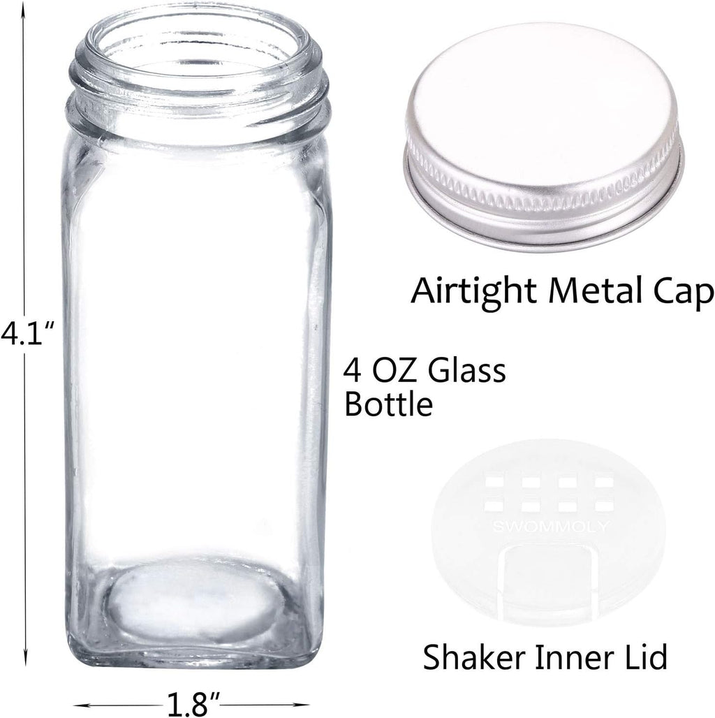 SWOMMOLY 66 Glass Spice Jars with 703 Spice Labels, Chalk Marker and Funnel Complete Set. 66 Square Glass Jars 4oz, Airtight Cap, Pour/sift Shaker Lid
