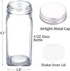 SWOMMOLY 36 Glass Spice Jars with 703 Spice Labels, Empty Square Spice Bottles 4 oz with Pour/Sift Shaker Lid, Airtight Cap, Chalk Marker and Funnel Complete Set