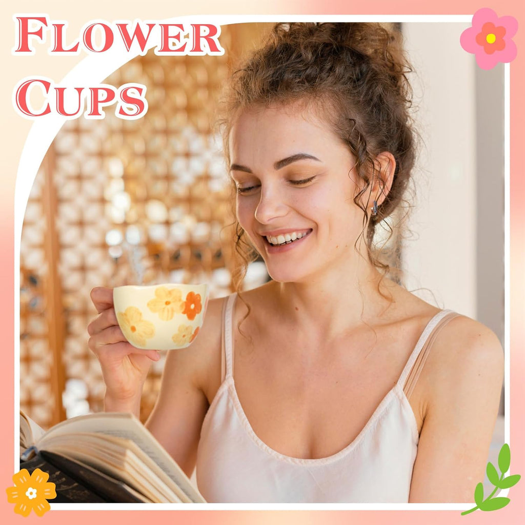 Ceramic Coffee Mug Vintage Flower Mugs 8 oz Cute Floral Coffee Mugs Irregular Latte Art Cup Lead-free Porcelain Cups for Cappuccino, Cocoa (Orange Flowers)
