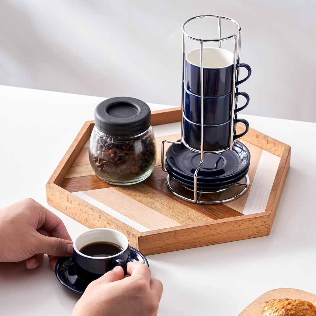 2.5 Ounce Porcelain Espresso Cups with Saucers and Silver Stand, Navy Stackable Cups Set of 4