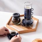 2.5 Ounce Porcelain Espresso Cups with Saucers and Silver Stand, Navy Stackable Cups Set of 4