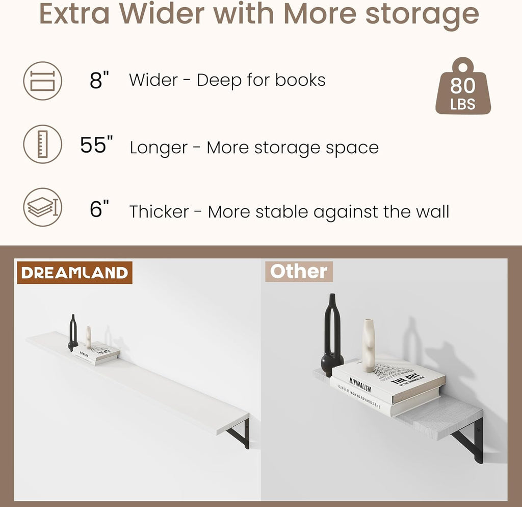 Dreamland 8 inch Deep Floating Shelves for Wall, 55W x 8D Wall Mounted Shelves Set of 2, Wide Display Ledge Shelf with Sturdy Metal Brackets for Living Room, Bathroom, Bedroom and Kitchen, White
