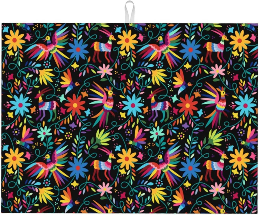 Mexican Colorful Bird and Floral Abstract Dish Drying Mats for Kitchen Counter, 18x24 inch Absorbent Decorative Microfiber Drying Pad, Anti-Slip & Absorption for Sink Small Appliances, Home Decor