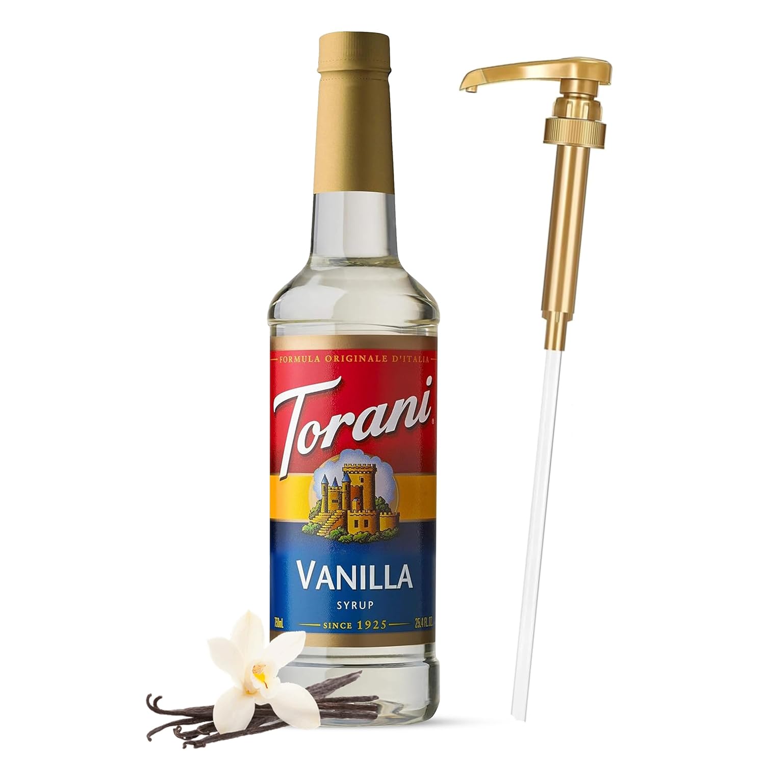 Jimoco® Syrup Pump Dispenser + Torani® Vanilla Syrup, 25.4 oz - Coffee Syrup Pump & Flavoring Bundle