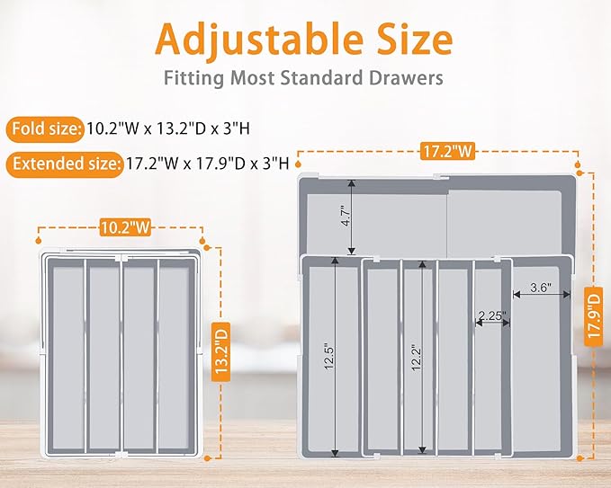 Homecor Silverware Drawer Organizer for Kitchen - Adjustable Utensil Holder Drawer Organizer, BPA Free Flatware and Cutlery Tray, Expandable Plastic Storage for Spoons Forks Knives, Grey