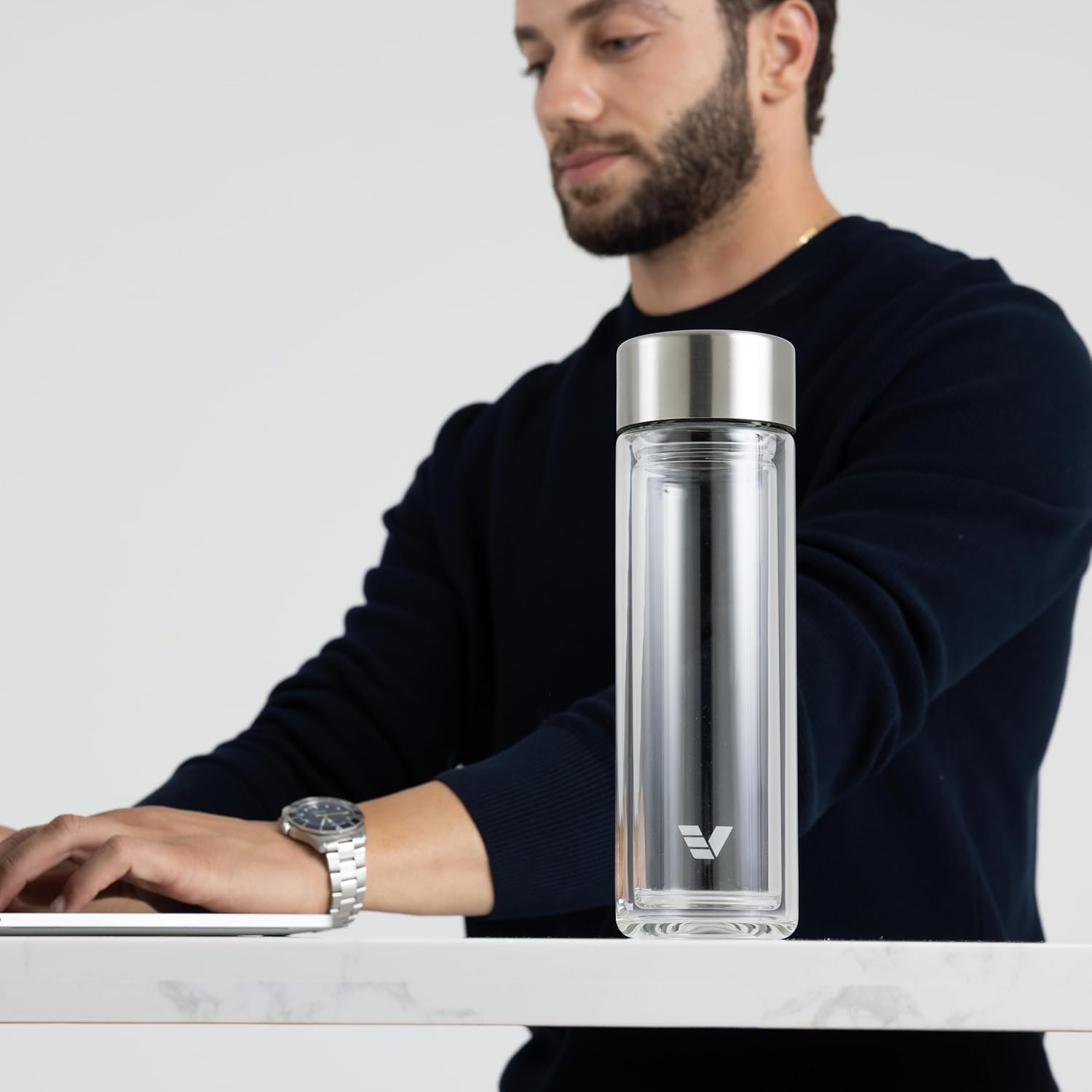 Glass Multi Tea Infuser Bottle 14oz - Double Wall Borosilicate Glass Flask | No Plastic Touches Contents | Perfect for Office or Home