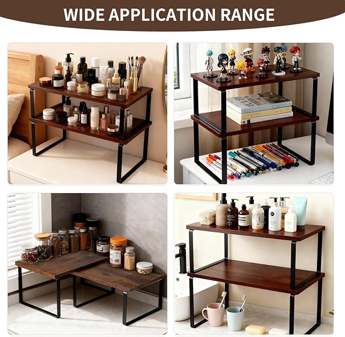 Cabinet Organizer Shelf, Set of 2 Expandable Kitchen Countertop Shelves with Spice Rack - Stackable Storage in Metal and Wood15.7 inches (Brown)