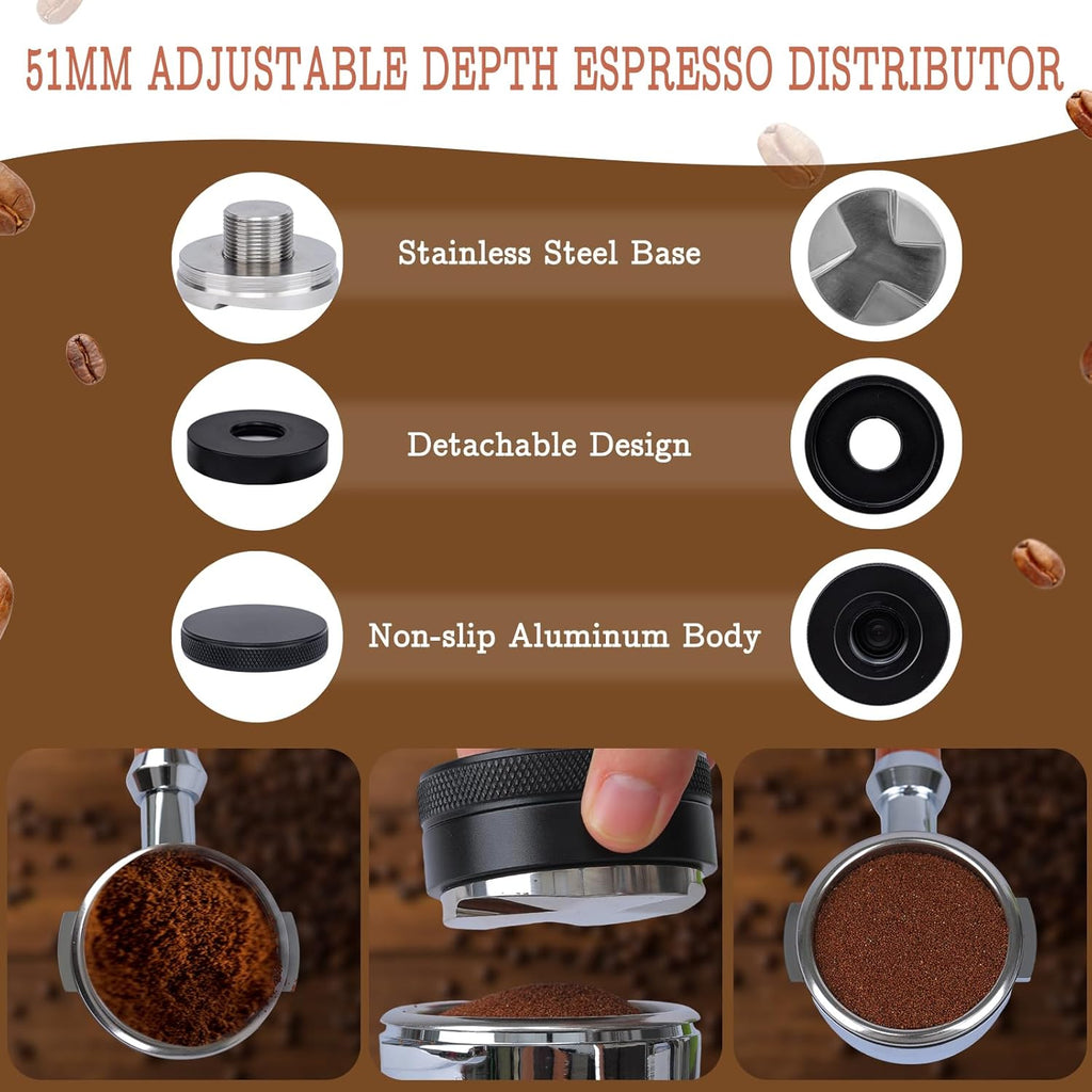 51mm Espresso Tamper Set - Spring-loaded Coffee Tamper, Adjustable Depth Espresso Distributor Leveler, Magnetic Dosing Funnel Aluminum Metal, Reusable Puck Screen, Fit for 51mm Portafilters