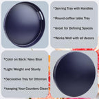 Navy Blue Decorative Serving Tray with Handles, 13” Versatile Ottoman Tray for Coffee Table, Entertaining, Outdoor Patio, Living Room