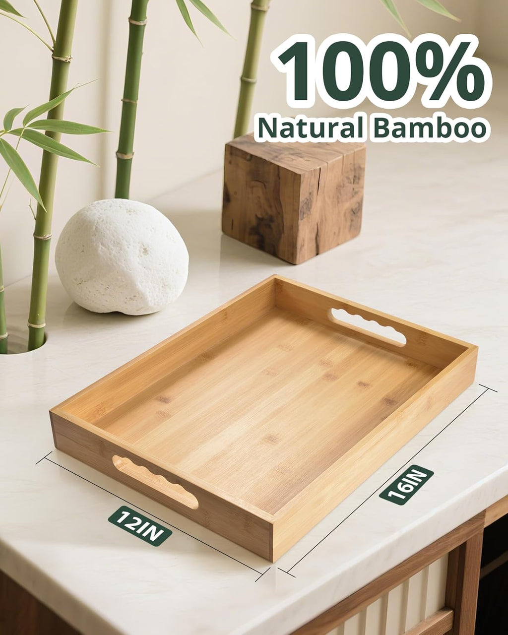 Bamboo Serving Tray, Breakfast in Bed Tray with Removable Silicone Mat, for Pantry Living Room Bathroom Tea Bar
