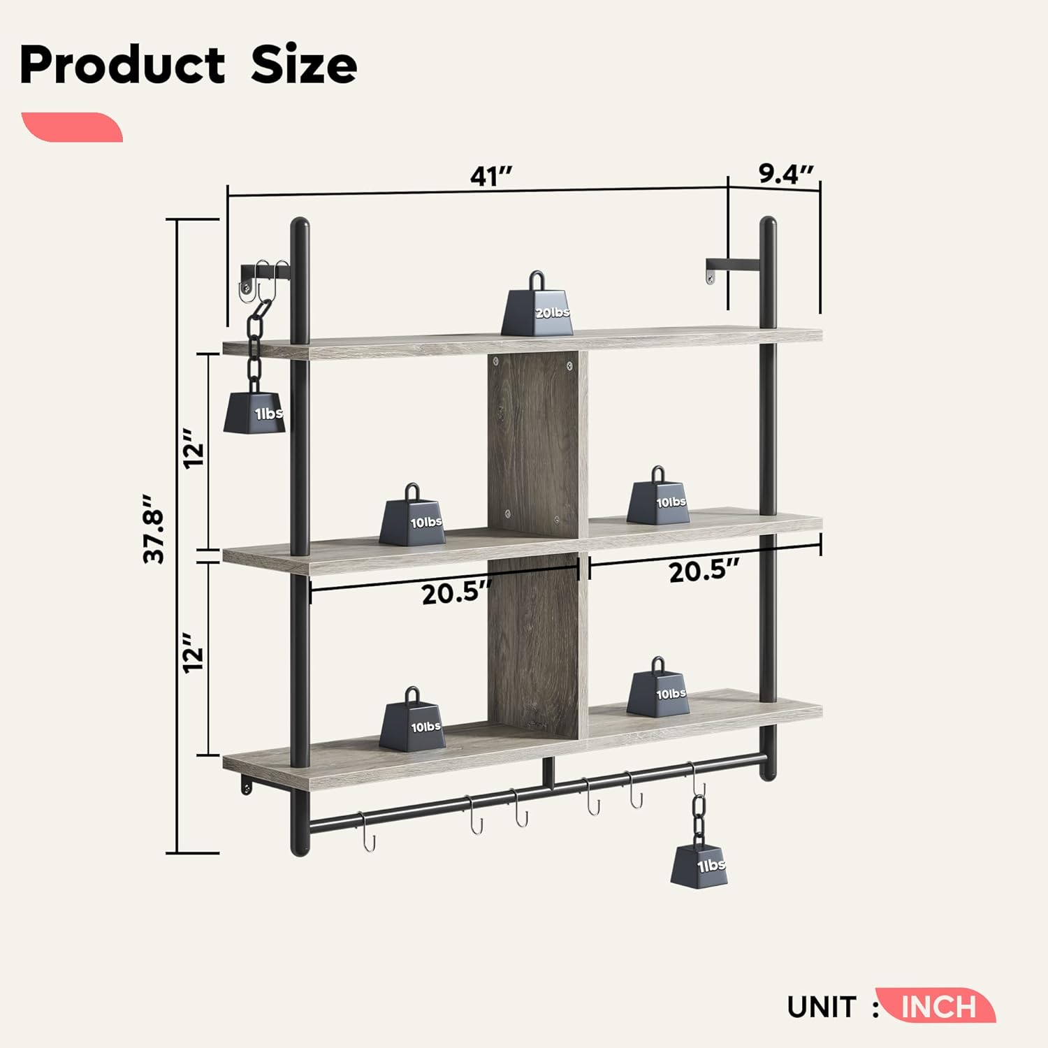 Bestier 41.5" Floating Pipe Shelving Kitchen Shelves Wall Mounted 3 Tier Ladder Shelf Hanging with Circular Tube Display Bookshelf Storage for Living Room Kitchen Balcony, Retro Grey