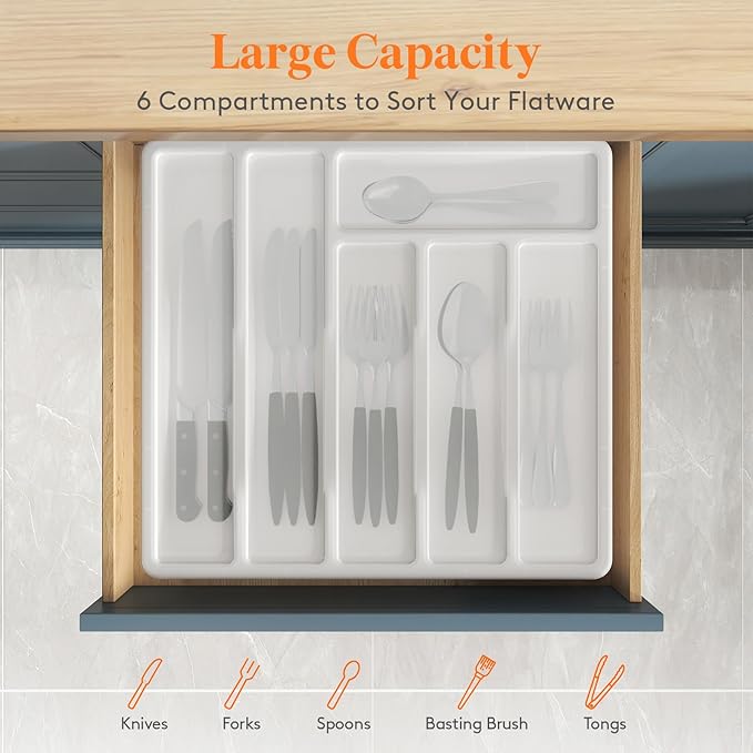 Lifewit Silverware Organizer with Lid, Covered Utensil Tray for Kitchen Drawer and Countertop, Plastic Cutlery and Flatware Storage Box for Spoons Forks Knives Holder Case, 6 Compartments, White