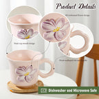 Cute Floral Coffee Mug Set of 4-12oz Ceramic Flower Embossed Cups with Petal Handles, Dishwasher and Microwave Safe