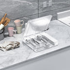 Silverware Tray with Lid, Utensil Drawer Organizer for Kitchen Countertop Plastic Flatware Organizers and Storage holder 5 Compartments