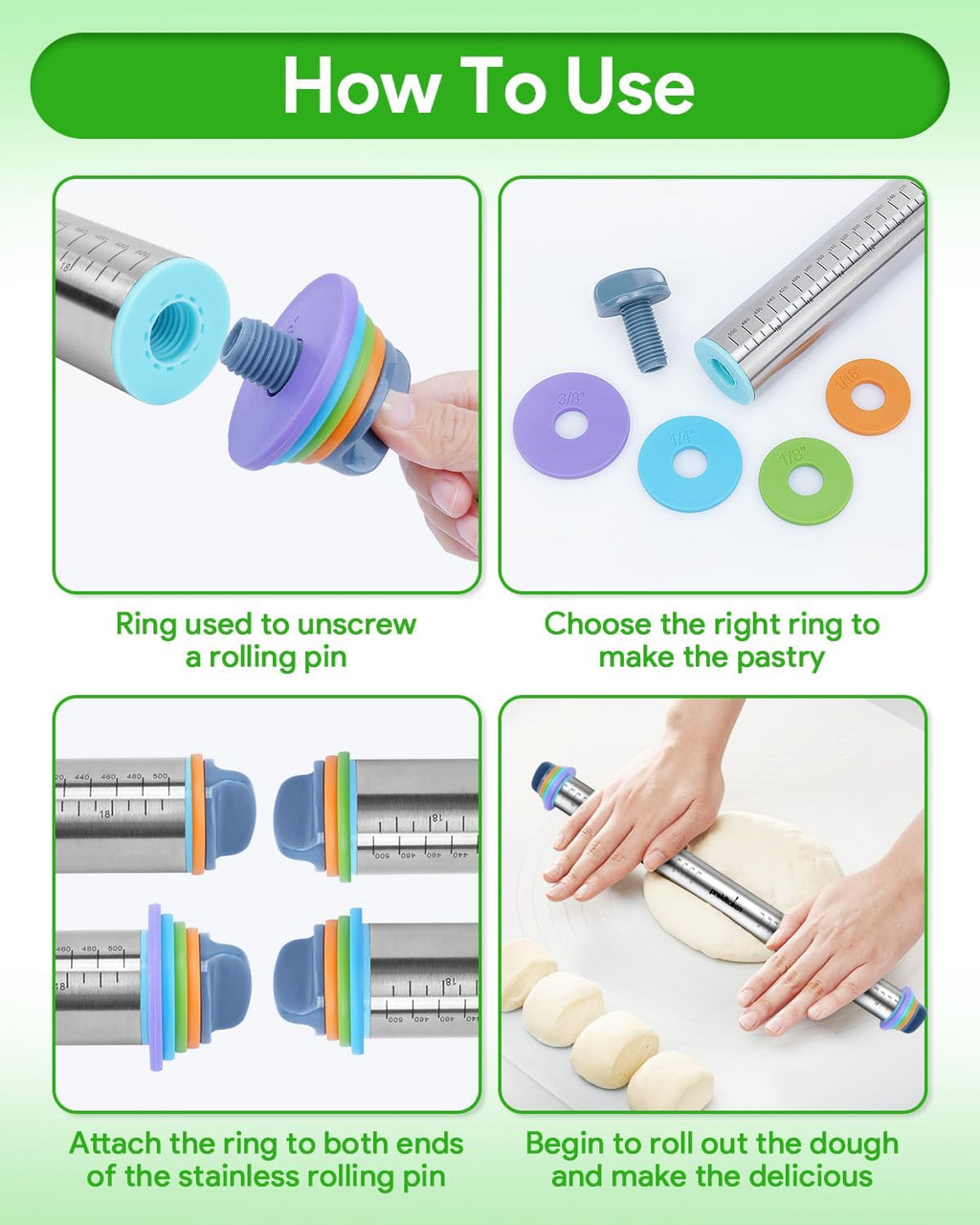 Adjustable Rolling Pin with Thickness Rings for Baking, Adjustable Stainless Steel Designs Dough Roller Pins for Cookie Decorating & Dough Pizza Pie Adjustable Long Rolling Pin 23.6 Inch