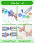 Adjustable Rolling Pin with Thickness Rings for Baking, Adjustable Stainless Steel Designs Dough Roller Pins for Cookie Decorating & Dough Pizza Pie Adjustable Long Rolling Pin 23.6 Inch