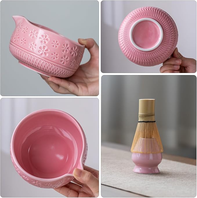 Matcha Whisk Set, Ceramic Matcha Kit Set Includes Matcha Bowl, Matcha Whisk and Holder, Bamboo Scoop, Scoop Rest, Sifter and Tea Towel - 7 Pcs Matcha Kit for Matcha Lovers (Pink)