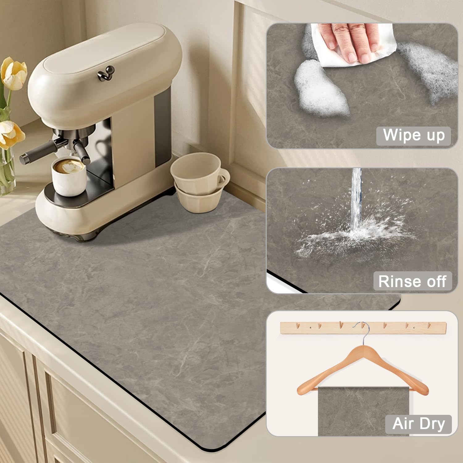 Coffee Maker Mat Accessories for Countertop - Coffee Bar Decoration Rubber Backed Dish Drying Mat for Kitchen - Pu Absorbent Hide Stain Pad, Wipeable Espresso Machine Mat for Dish Rack 25x17in