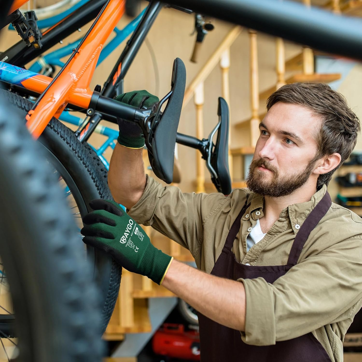 KAYGO Safety Work Gloves PU Coated,12 Pairs KG11PB Seamless Knit Glove for Men and Women, with Smooth Grip on Palm and Fingers, Ideal for General Duty Work (Small,Dark Green)