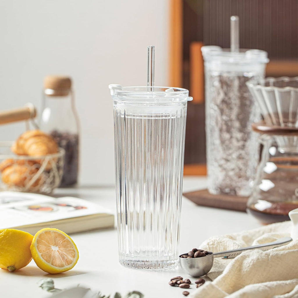 KEMORELA Ribbed Glass Tumbler with Straw and Lid – 18oz Durable Leak-Proof Drinking Cup for Hot and Cold Beverages – Stylish Design, Ideal for Iced Coffee, Smoothies, and More (2PCS-A)