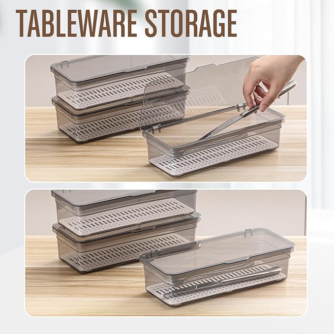 Remerry 3 Pcs Flatware Tray with Lid and Drainer, Plastic Utensil Organizer, Kitchen Cutlery Transparent Storage Box with Lid and Drain Rack, Drawer Tableware Storage Box for Home and Travel (Grey)
