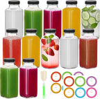 BIGIVACA 12 oz Glass Juice Bottles with Lids,12 PACK Bottles for Juicing,Square Drinking Jars Glass for Coffee,Cola,Milk,Tea in Travel,Work,School