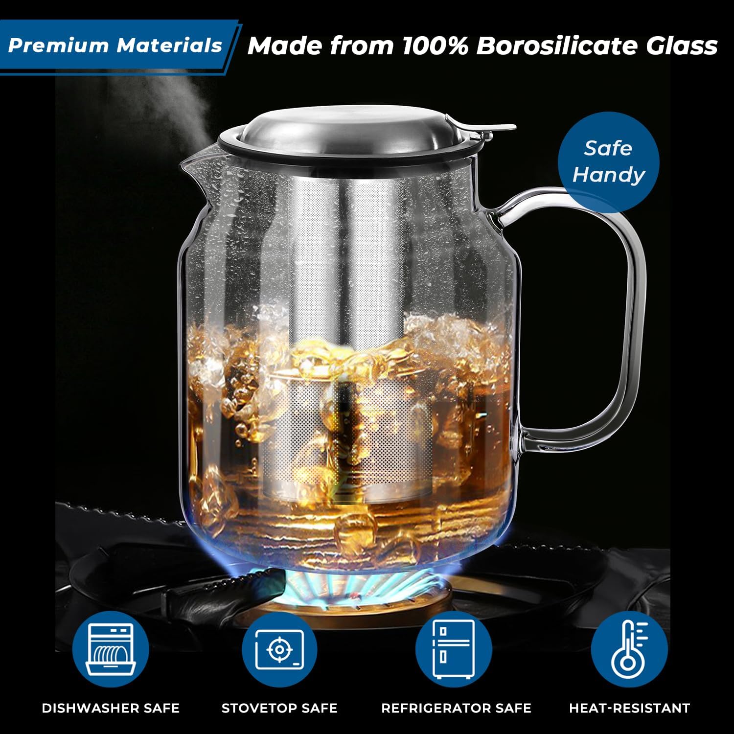 Aquach 85oz Glass Teapot with Stainless Steel Removable Infuser, Stovetop & Dishwasher Safe, Ideal for Brewing Loose Leaf & Blooming Tea