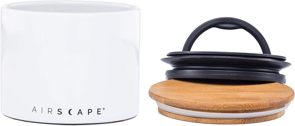 AirScape Planetary Design Ceramic Coffee and Food Storage Canister – Small 4-inch – US Patented Airtight Inner Lid – White with Bamboo Top