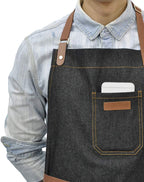 Denim Chef Apron with Pockets, Mens Womens Professional Kitchen Bib Black Apron for Cooking Grill BBQ Server, with Towel Loop and Adjustable Neck Straps