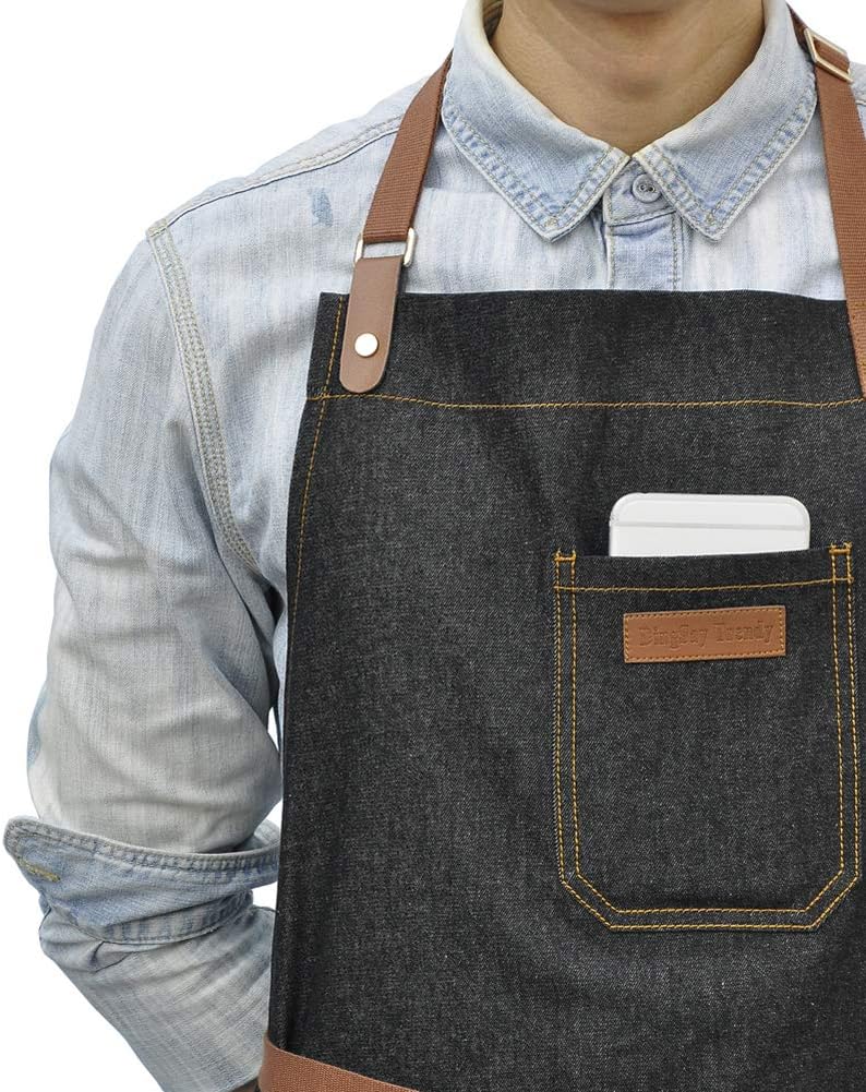 Denim Chef Apron with Pockets, Mens Womens Professional Kitchen Bib Black Apron for Cooking Grill BBQ Server, with Towel Loop and Adjustable Neck Straps
