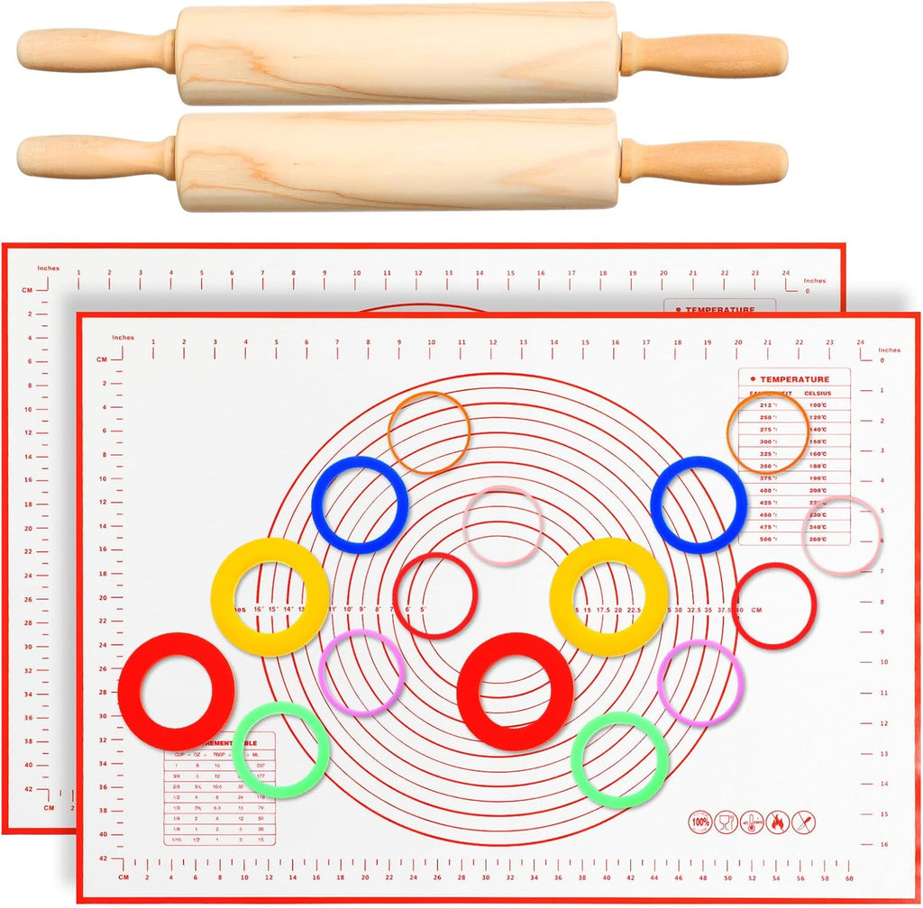 20 Pcs Rolling Pin Set Include 2 Classic Wood Dough Rollers 16 Adjustable Thickness Guide Rings 2 Pastry Mats Non slip Silicone Baking Essentials for Fondant Pasta Bread Pizza Pies Cookies