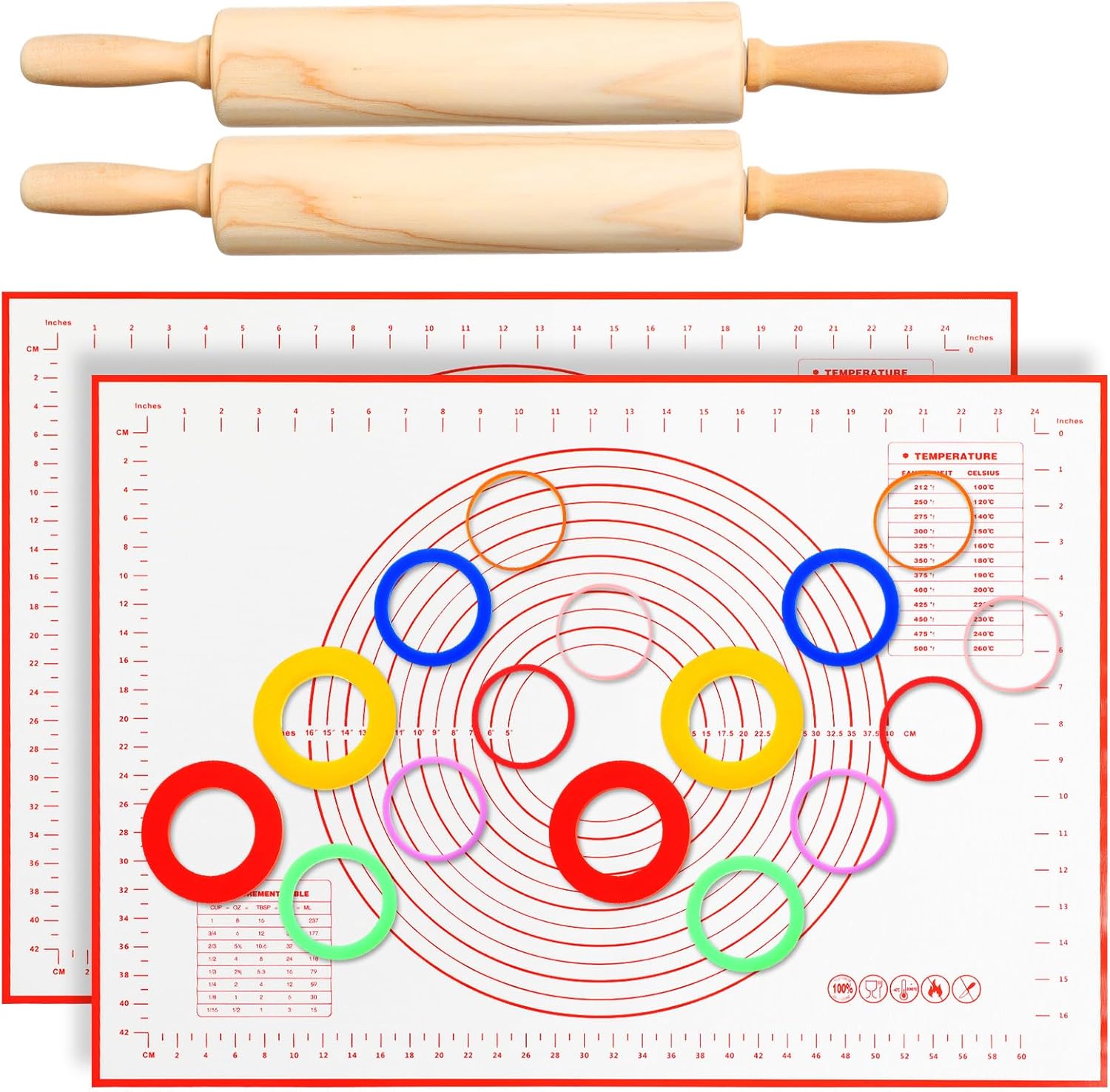 20 Pcs Rolling Pin Set Include 2 Classic Wood Dough Rollers 16 Adjustable Thickness Guide Rings 2 Pastry Mats Non slip Silicone Baking Essentials for Fondant Pasta Bread Pizza Pies Cookies