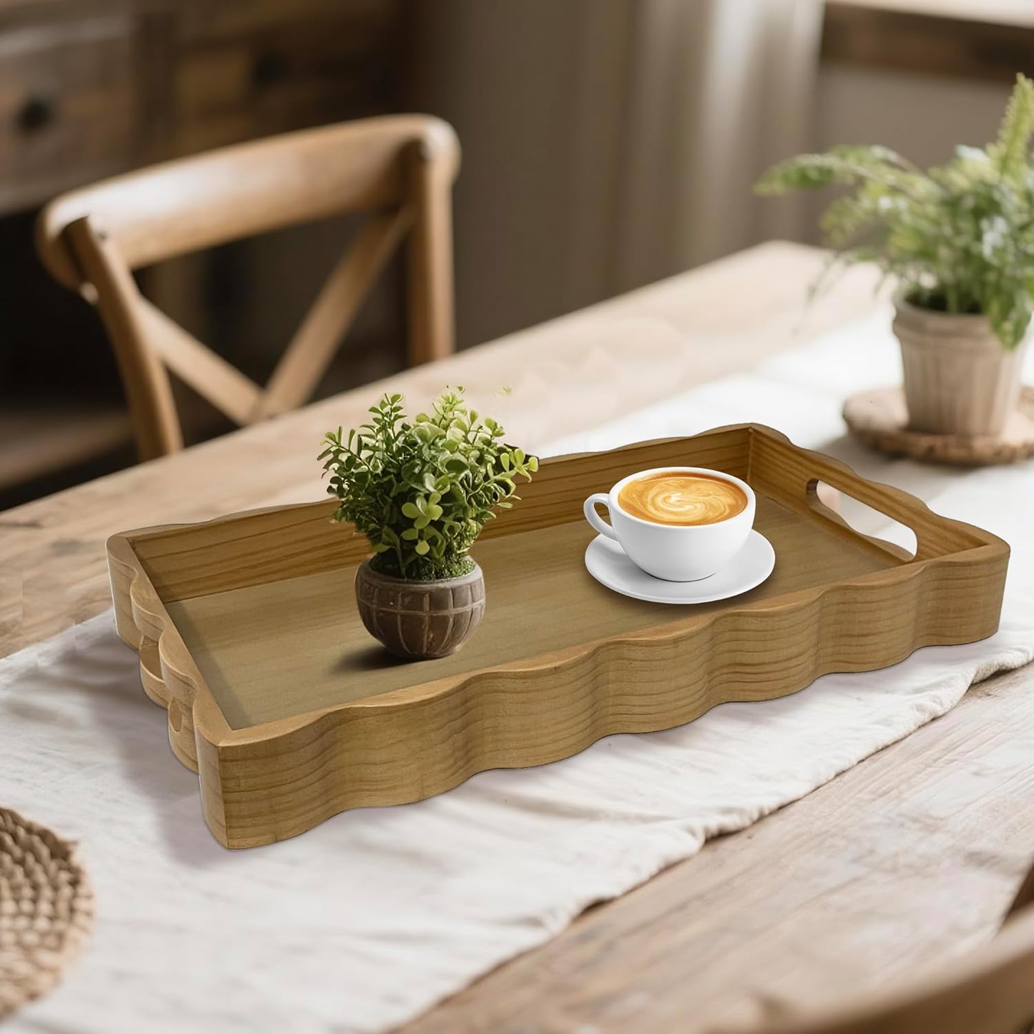 JUIOETURPine Wood Decorative Tray with Handle Rectangular Wooden Serving Tray for Breakfast in Bed,Coffee Table,Dining Table,or Kitchen - Perfect for Living Room,Bedroom,and Entryway Decor (burlywood)