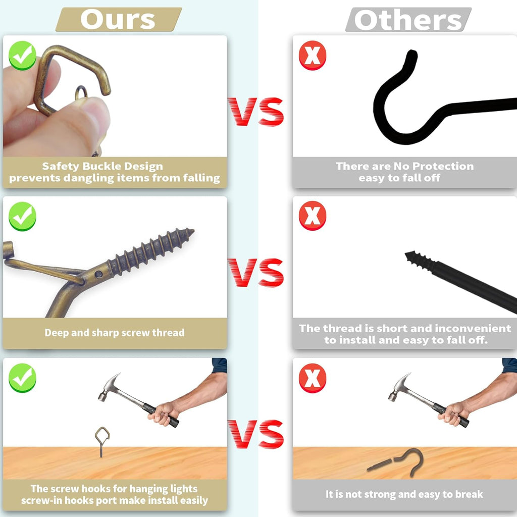 50 PCS Bronze Eye Screw Hooks for Hanging Heavy Duty with Safety Buckle.Metal Ceiling Hooks for Hanging Plants Cup Wind Chime Bird Feeders Patio Lights at Indoor&Outdoor